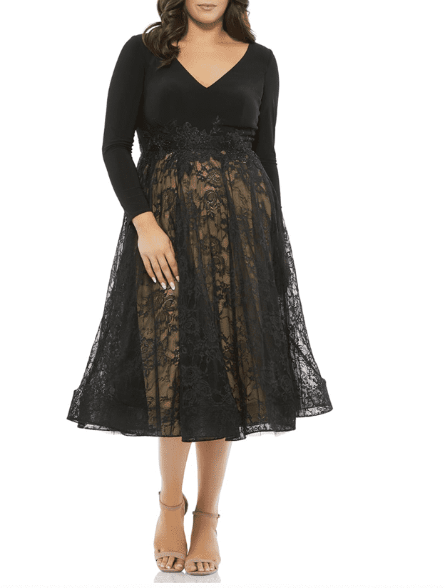 Mac Duggal Plus Size Long-Sleeve Lace-Skirt Midi Dress