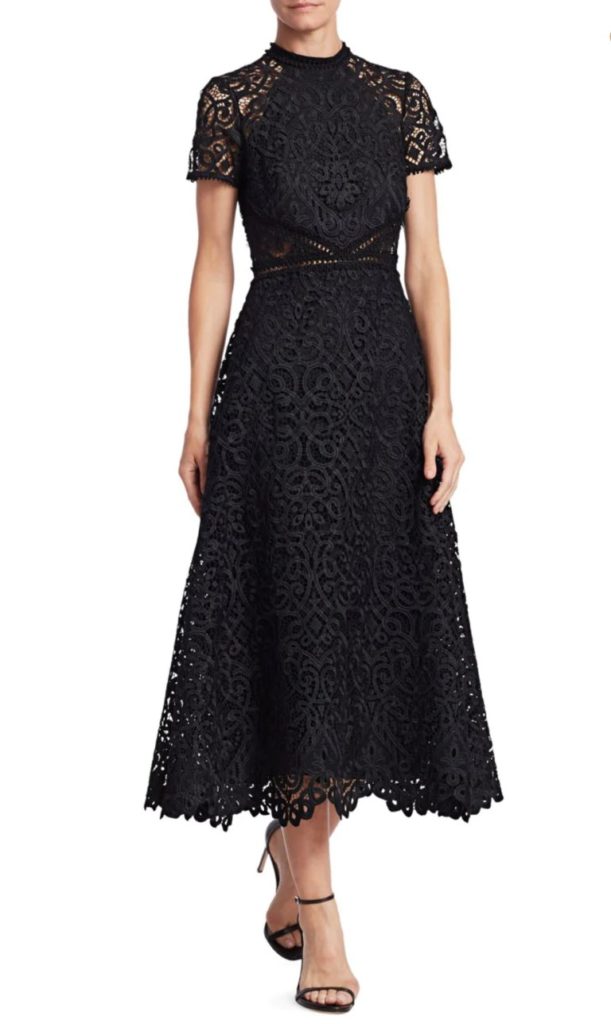 Monique Lhuillier Lace Short-Sleeve A-Line Midi Dress