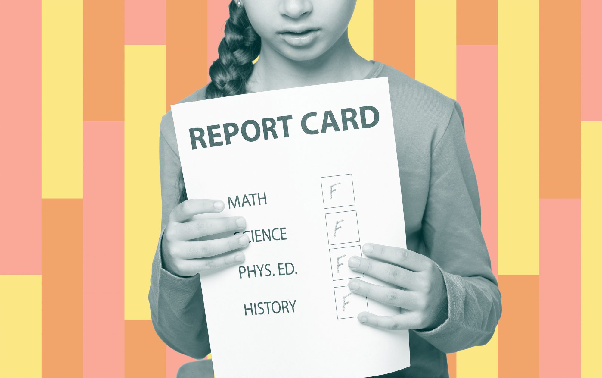 photo illustration of girl holding report card with F's