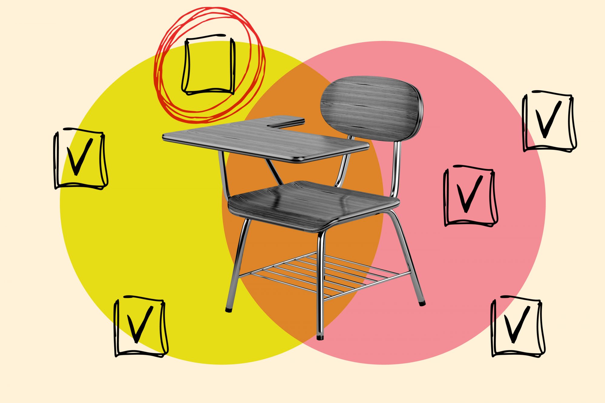 photo illustration of empty school desk with check boxes around it, one is empty